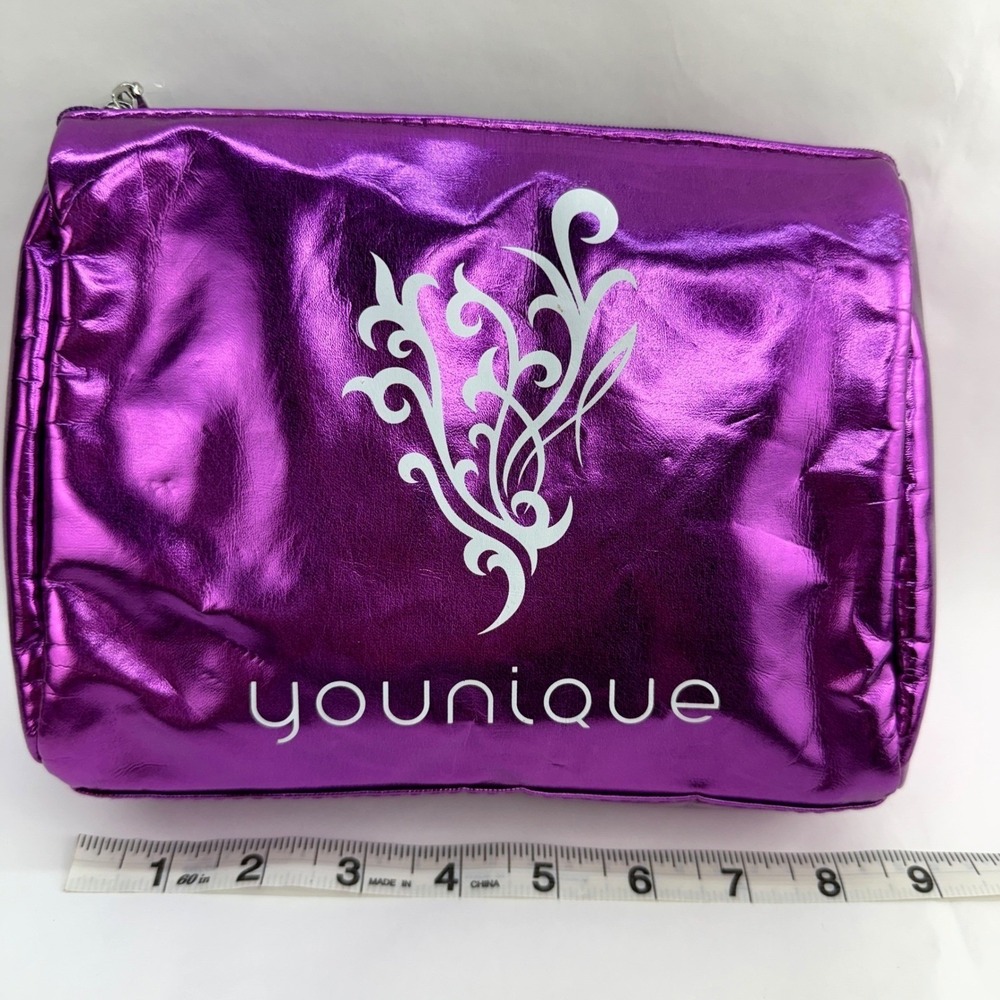 Younique Metallic Purple Makeup Bag Cosmetic Travel Pouch Zippered Case Logo